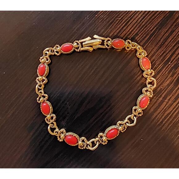 Vintage Coral and Gold-Toned Link Bracelet | Retro Chic Jewelry - Picture 1 of 4